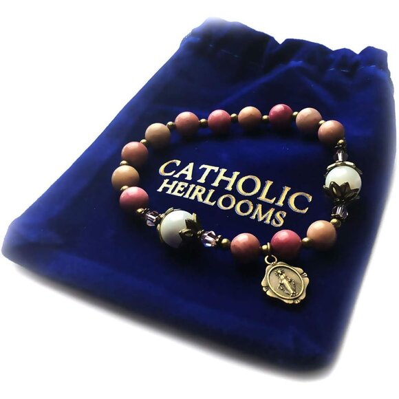 Pink Rhodonite Mother of Pearl Catholic Rosary Bracelet for Women - Picture 3 of 5